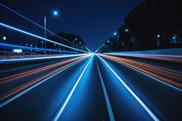 Aerial view of a highway at night with blurred traffic