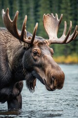 A moose stands in shallow water, ready to take a drink