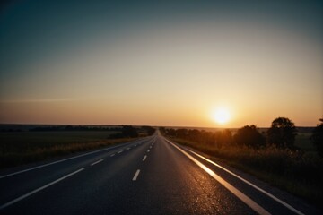 A sunset scene on the horizon of a highway with vehicles passing by