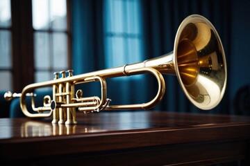 A trumpet sits on a wooden table, ready to be played