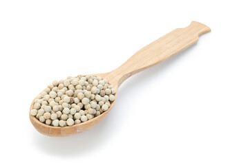 Aromatic pepper in wooden spoon isolated on white