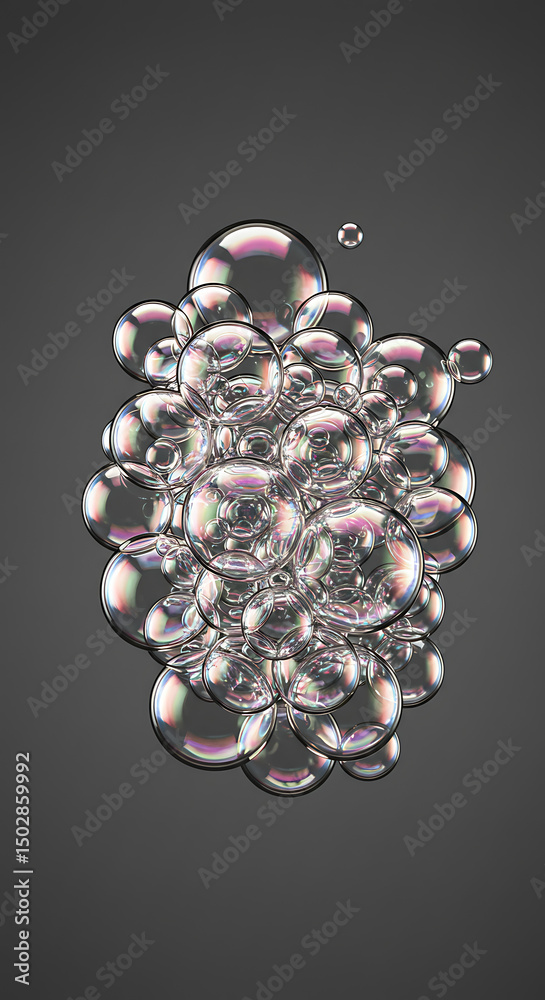 Poster iridescent soap bubbles cluster close up macro shot of sparkling shimmering foam bubbles
