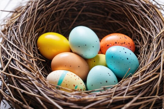 A collection of vibrant eggs sits atop a flat surface, perfect for decoration or as a prop in various settings