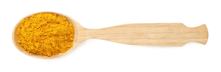 Turmeric powder in spoon isolated on white, top view. Aromatic spice
