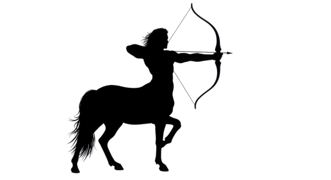 Silhouette of a Centaur Archer aiming bow and arrow isolated PNG with Transparent Background