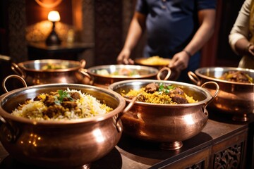 People gathered around a table with various food dishes, perfect for stock photography, editorial use or advertising