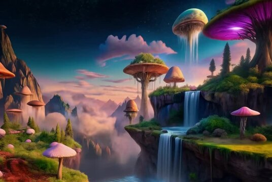 A floating island with waterfalls cascading into the sky, giant glowing mushrooms, and an ethereal pink-purple sunset