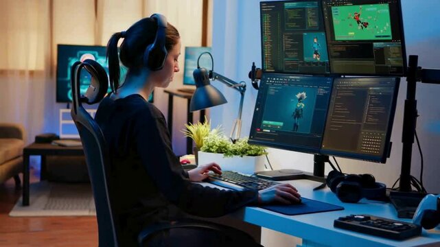 A Female Game Developer Works Late at Night on Her Computer Using Multiple Monitors in a Cozy Home Office