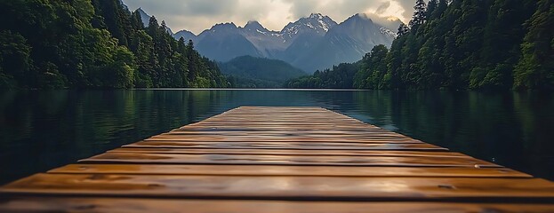 Wooden dock, lake, mountains, calm