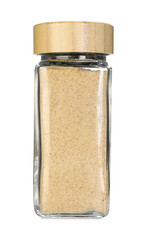 Garlic powder in spice jar isolated on white