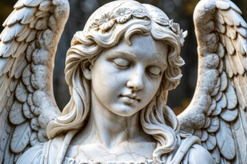Fototapeta premium A detailed view of a beautiful angel statue with intricate details and ornate features