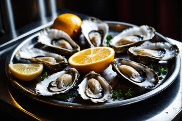 Fresh oysters served with lemon wedges and parsley, perfect for a seafood dinner or appetizer