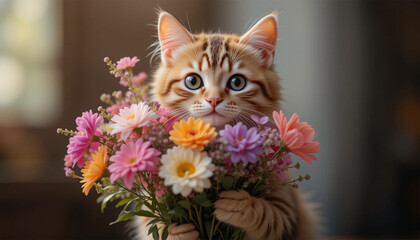 Adorable Ginger Tabby Kitten Holding Colorful Daisy & Chrysanthemum Bouquet in Soft Indoor Light
