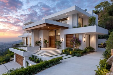 A modern home in Beverly Hills, featuring white and wood tones with concrete accents