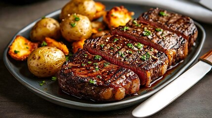 New York Strip Steak perfectly seared medium rare garlic herb butter roasted potatoes steak knife elegant chophouse ambiance wide shot focus on juicy texture