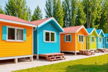 A row of brightly colored houses in a park, perfect for illustration or decoration