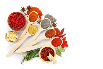 Different aromatic spices isolated on white, top view
