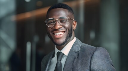 Fototapeta premium Confident Businessman in His Prime Radiating Success with a Genuine Smile in a Modern Corporate Setting