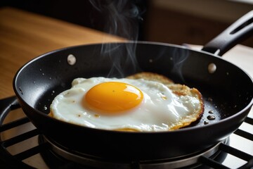 A fried egg in a hot frying pan on a stove, ready to be served