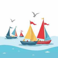 Vibrant sailboats parading on calm blue sea, celebration of harmony