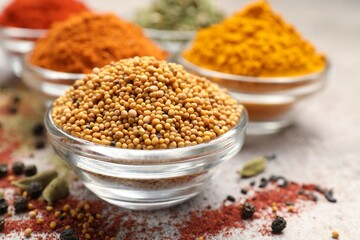 Different aromatic spices on light grey table, closeup