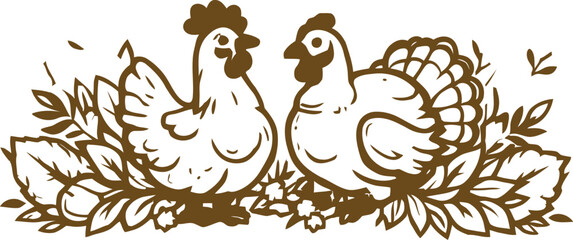 Brown vector illustration of two chickens facing each other, surrounded by leaves and foliage, representing farm life, rural themes, poultry, agriculture, and organic food production