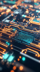 Obraz premium Futuristic circuit board with glowing lines and patterns, technology background