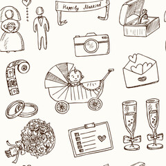 Marriage hand drawn doodle seamless pattern. Vector illustration. Isolated elements on white background. Symbol collection.
