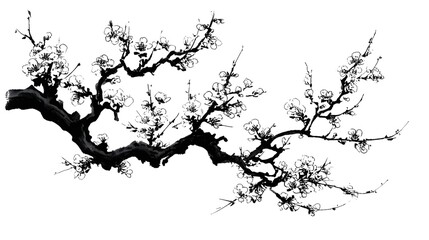 Obraz premium Delicate Silhouette of a Traditional Branch with Blossoms in Ink Style Art