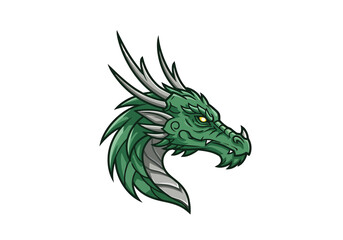 Vector line art of a mythical dragon head in emerald green and light grey, clean minimal style, white background