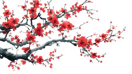 Fototapeta premium Delicate Red Blossom Silhouettes Rendered with Traditional Techniques on a White Background