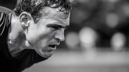 Determined Runner Pausing Mid Stride, Clutching His Chest in Focused Athletic Moment Captured in Black and White