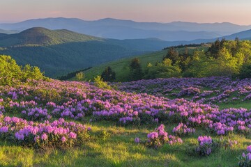 Obraz premium Misty mountaintop blanketed in vibrant rhododendrons