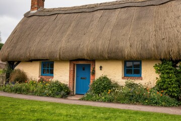 A traditional thatched house with a blue door and window, perfect for country or rural-themed images