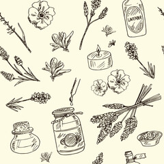 Lavender hand drawn doodle seamless pattern. Vector illustration. Isolated elements on white background. Symbol collection.