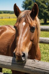 Fototapeta premium A brown horse stands next to a wooden fence in a natural setting
