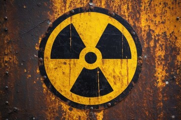 A yellow and black radioactive symbol on a rusty metal background, warning of potential hazards
