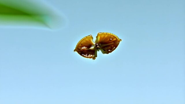 Isolated close up of a small brown Maple key against a light blue background; aerial view, soft green leaf above.