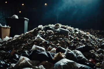 Obraz premium A large pile of garbage sits atop another heap of waste, highlighting the issue of pollution and littering