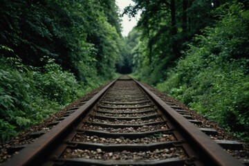 Obraz premium A train track surrounded by trees and bushes, perfect for nature or transportation-themed projects