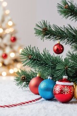 Obraz premium A collection of Christmas ornaments placed on a snowy surface, suitable for winter or holiday-themed designs