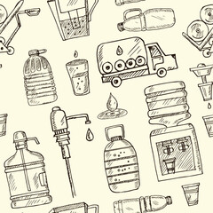 Water delivery hand drawn doodle seamless pattern. Isolated elements on white background. Symbol collection.