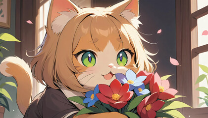 Whimsical Catgirl with Green Eyes Holding Vibrant Red and Blue Flower Bouquet in Sunlit Room