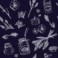 Lavender hand drawn doodle seamless pattern. Vector illustration. Isolated elements on white background. Symbol collection.