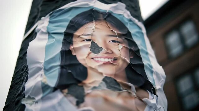 Close Up of Weathered  Missing Person Poster with Photo of Asian Woman Fluttering from Wind in Moody and Cold Street Background
