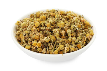 Dry chamomile flowers in bowl isolated on white
