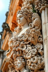 Fototapeta premium Ornate stone sculpture of a woman adorned with floral details in a historic building