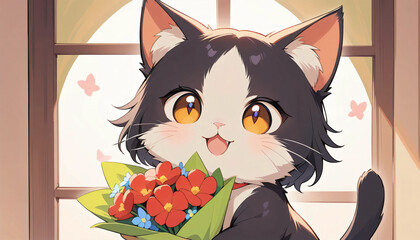 Cheerful Anime Catgirl with Golden Eyes Holding Red and Blue Flower Bouquet in Sunlit Room
