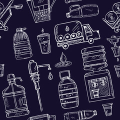Water delivery hand drawn doodle seamless pattern. Isolated elements on white background. Symbol collection.