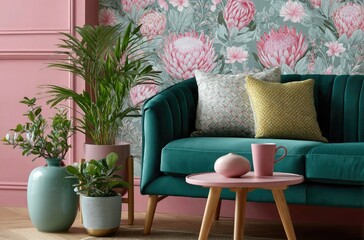 an interior design scene with pink wall, green velvet sofa and big vibrant queen king sophistication floral mural, orange yellow accents